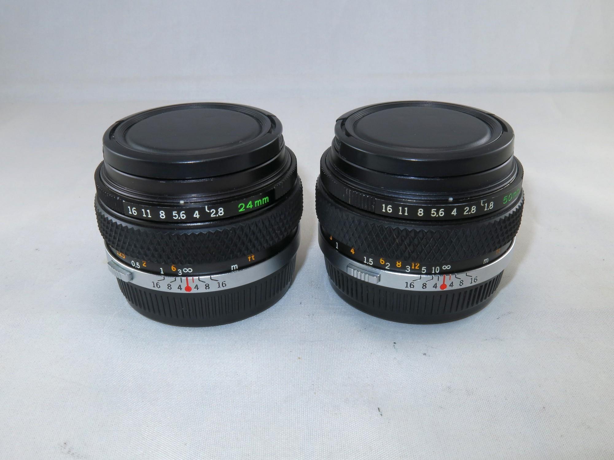 2 LENSES; Olympus Om F.Zuiko 50mm f/1.8 de-clicked and & H.Zuiko 24mm f/2.8